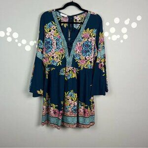 Juniper Blu Boho Dress Bell Sleeve Floral Lace Up V-Neck Size L